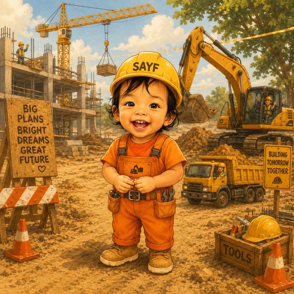 Sayf in a yellow hard hat and orange overalls at a cheerful construction-site birthday scene